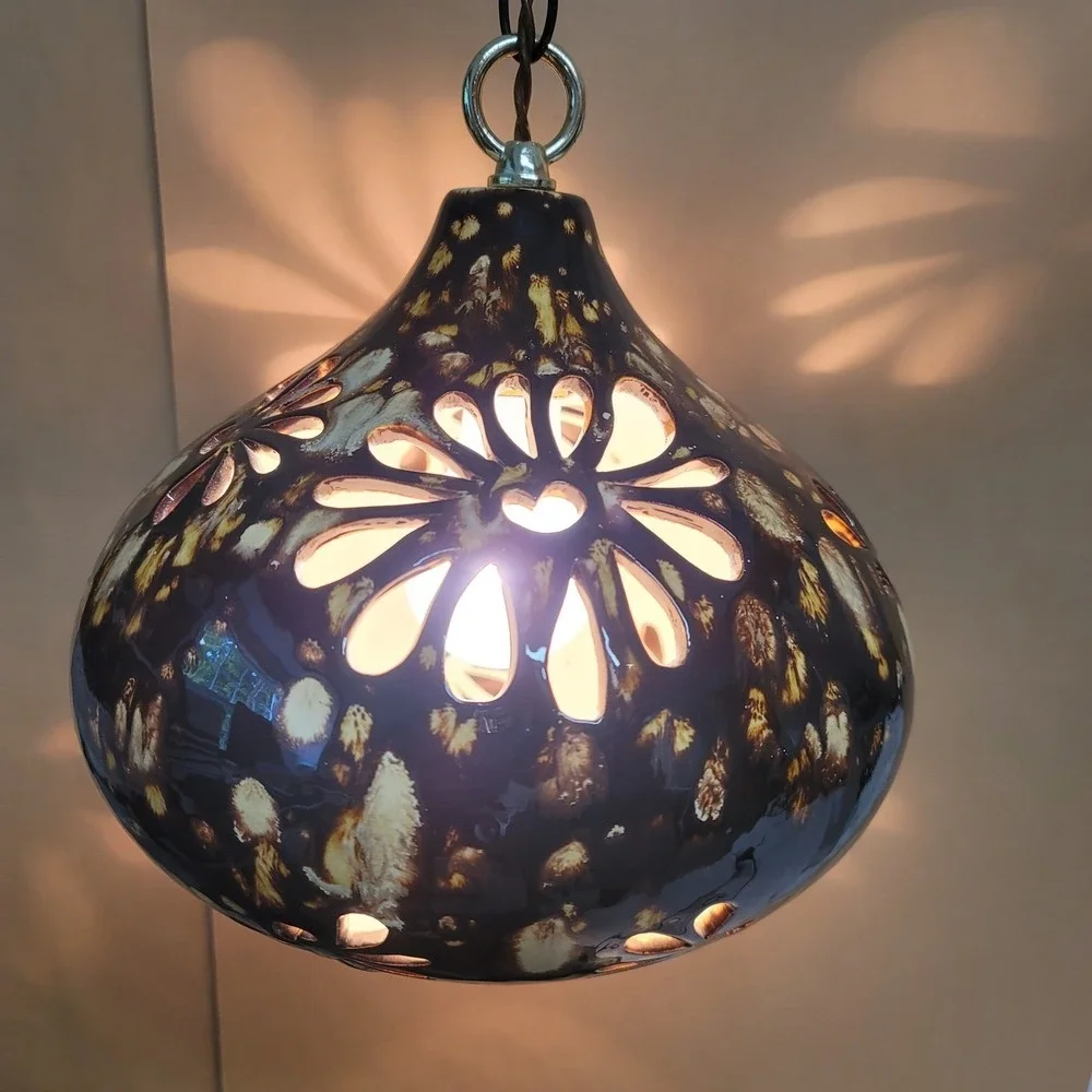 Vintage Handmade Ceramic Swag Lamp Brown‎ Drip Glaze Floral Cutout Pendant Light